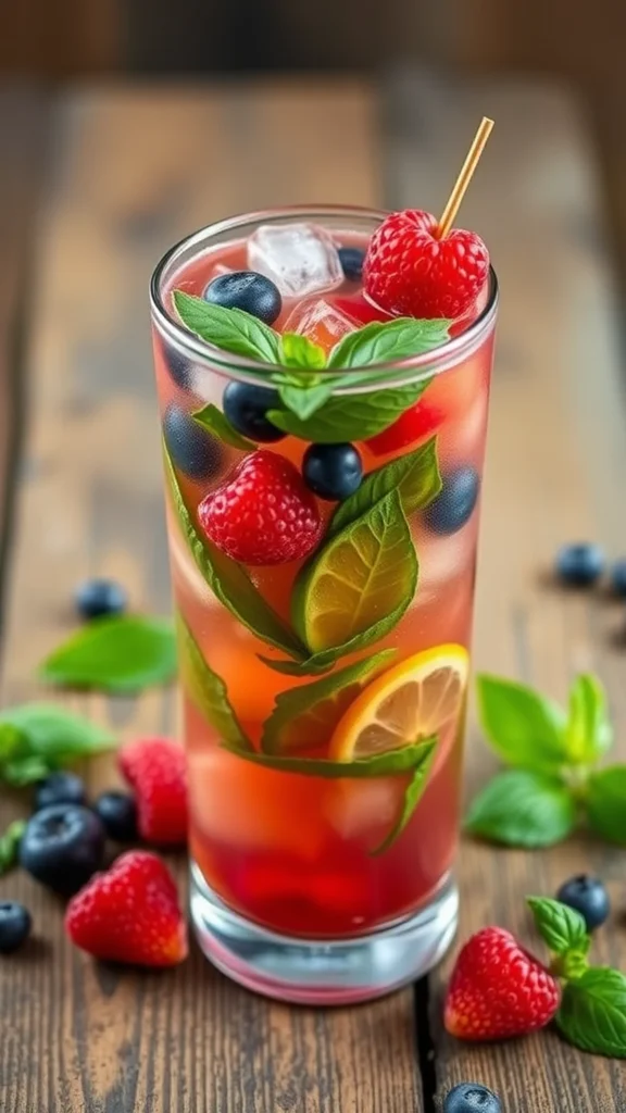 A refreshing Berry Basil Mojito cocktail with raspberries, blueberries, mint leaves, and slices of lemon on a wooden table.