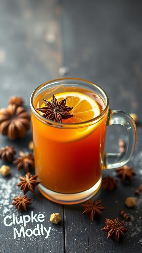 A glass of Cardamom Spiced Hot Toddy garnished with a cinnamon stick and lemon slice, surrounded by star anise.