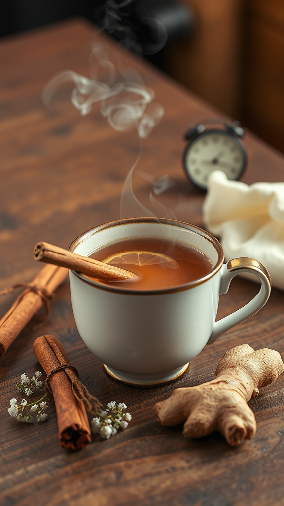 A steaming cup of chai tea with cinnamon and ginger, surrounded by cinnamon sticks and fresh ginger on a rustic wooden table.