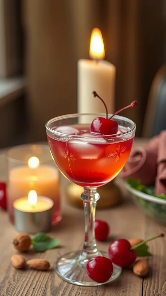A refreshing cherry almond cocktail garnished with cherries, surrounded by candles and almonds.
