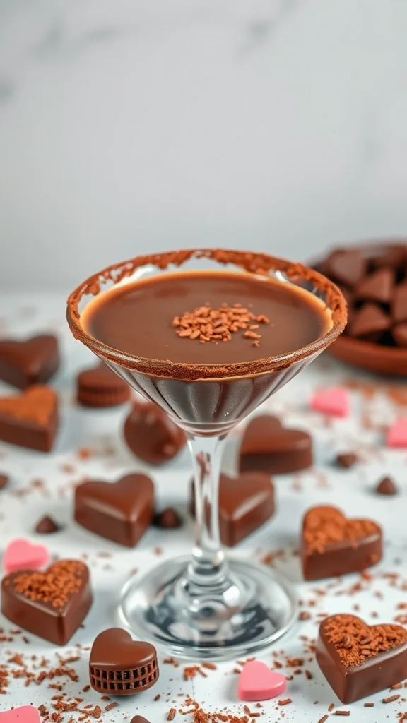 A chocolate martini garnished with chocolate shavings, surrounded by chocolate hearts.