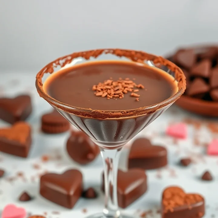 A chocolate martini garnished with chocolate shavings, surrounded by chocolate hearts.
