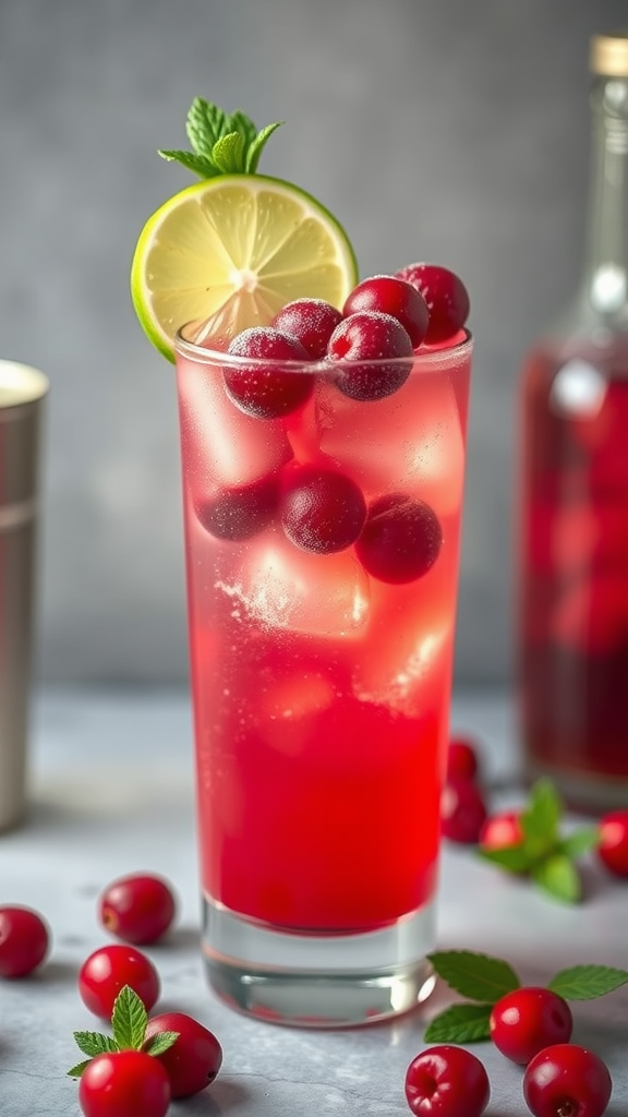 A refreshing cranberry ginger fizz cocktail with ice, fresh cranberries, and a lime slice