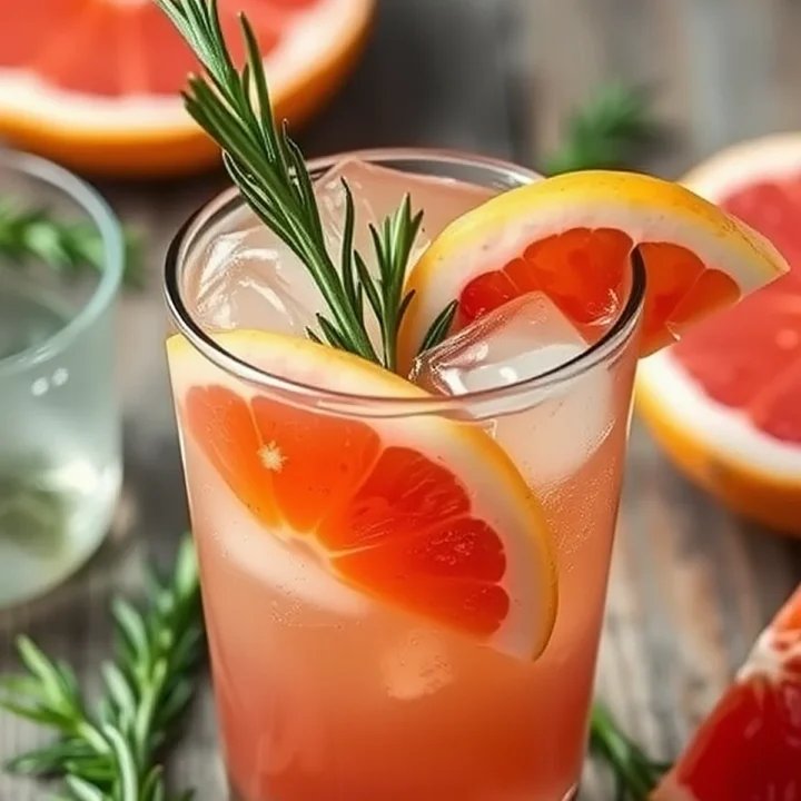 A refreshing grapefruit drink garnished with rosemary and lemon slices, surrounded by grapefruit halves on a wooden table.