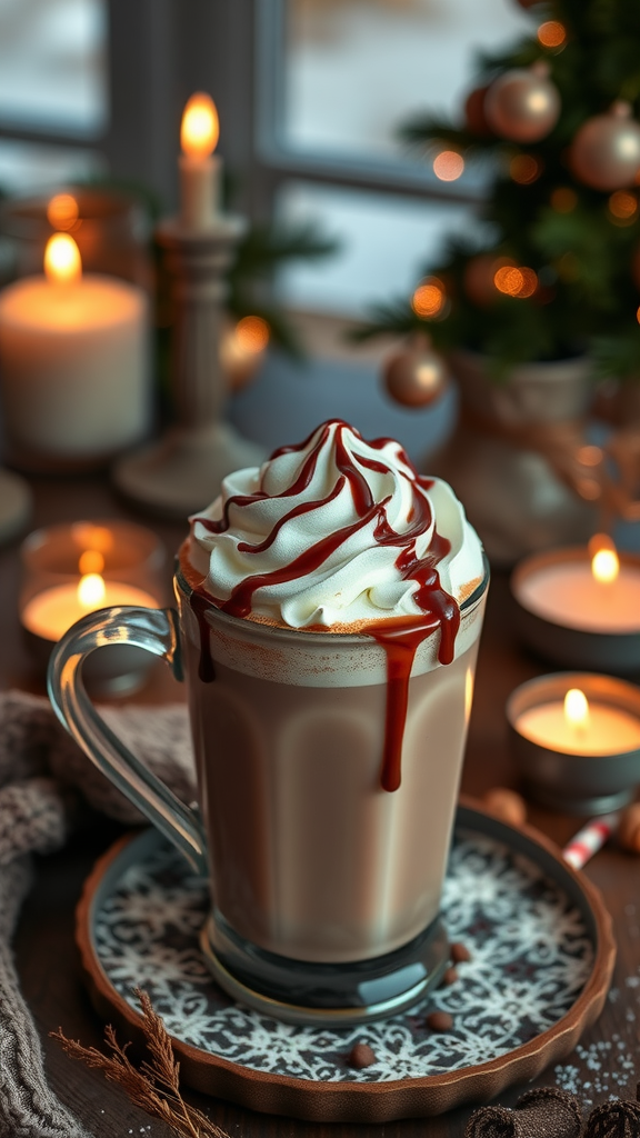 A cozy cup of hazelnut hot chocolate topped with whipped cream and chocolate syrup.