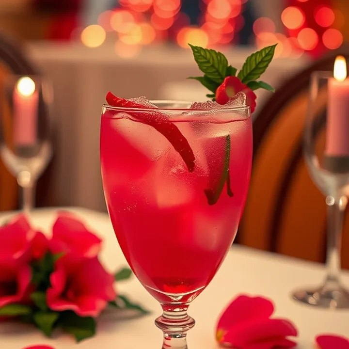 A vibrant pink hibiscus cooler drink in a stylish glass, garnished with mint and surrounded by rose petals and heart shapes on a table.