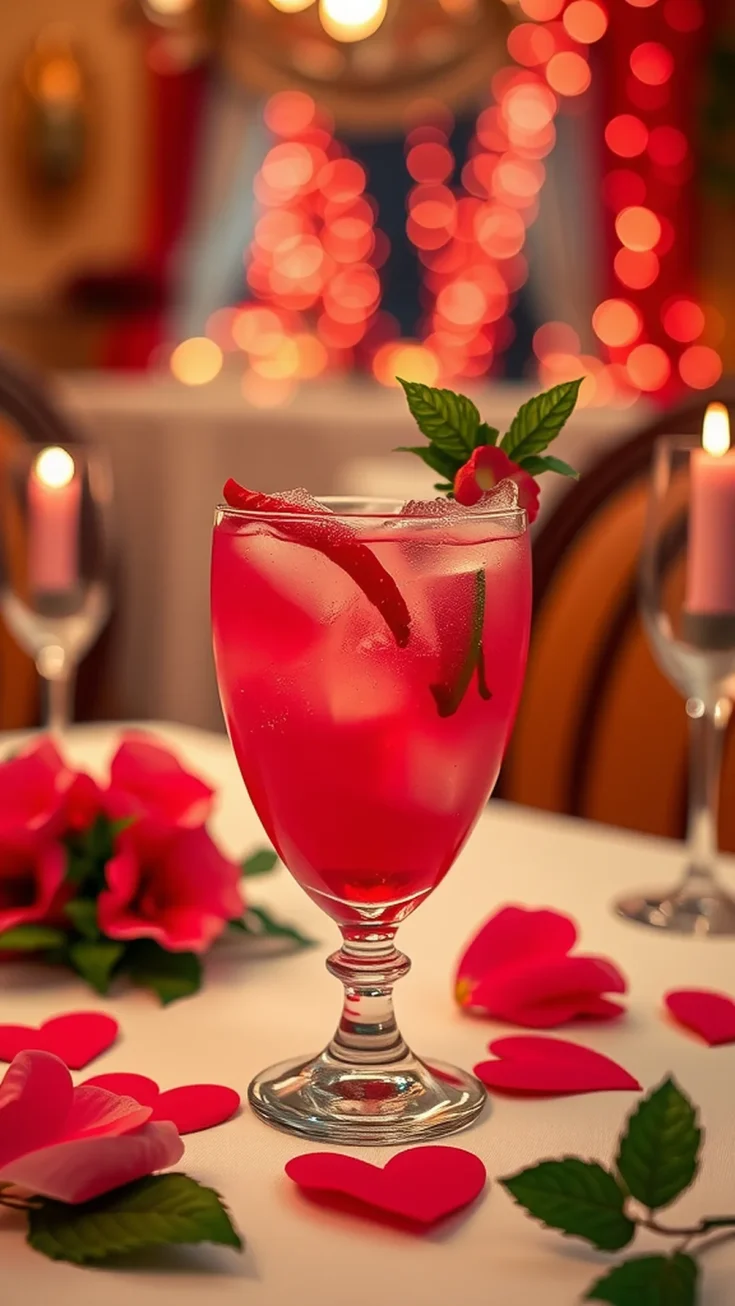 A vibrant pink hibiscus cooler drink in a stylish glass, garnished with mint and surrounded by rose petals and heart shapes on a table.