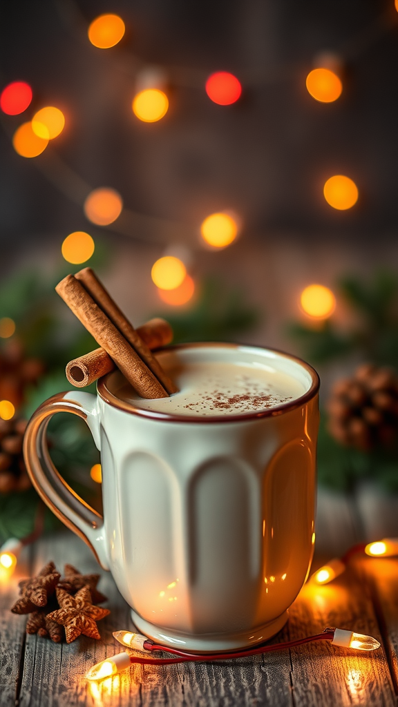 A cozy cup of hot buttered rum with spices, garnished with cinnamon sticks.