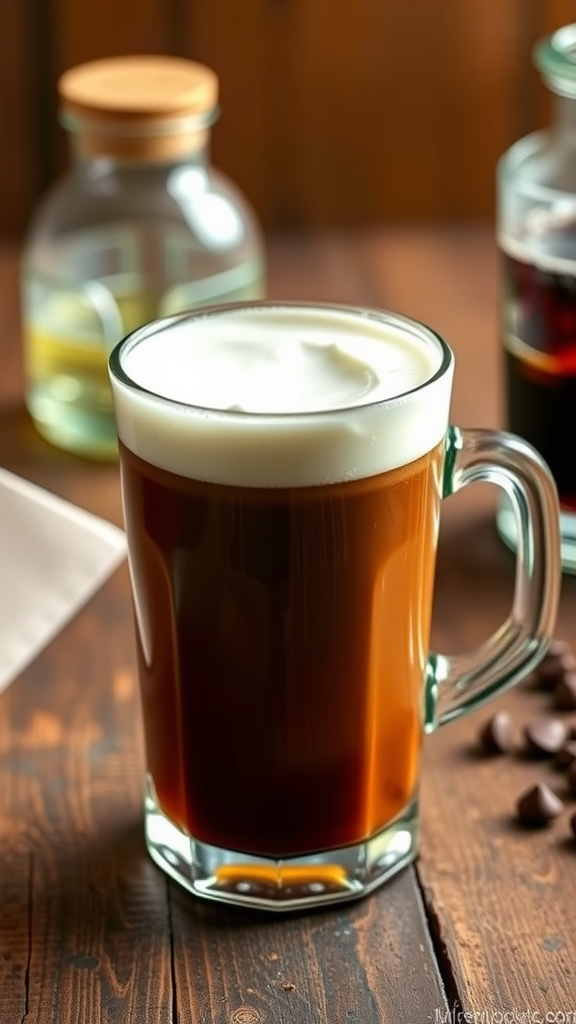 A glass of Irish coffee topped with a creamy layer, placed on a wooden table.