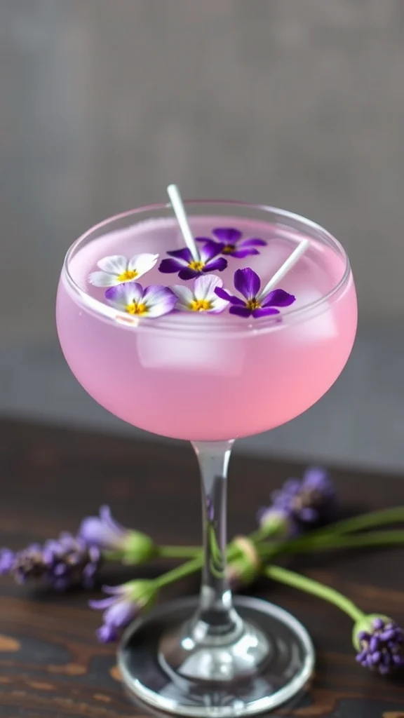 A pink cocktail garnished with purple and white flowers, served in a stylish glass, surrounded by lavender sprigs.