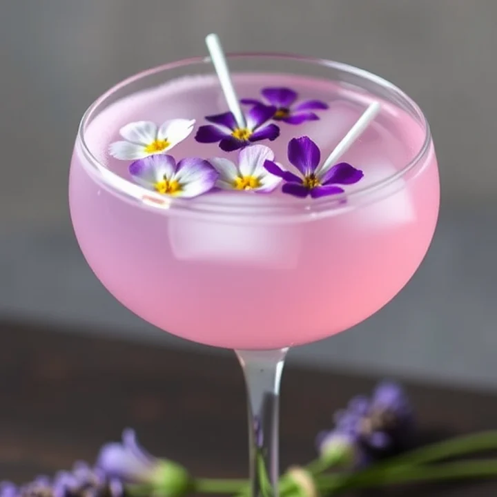 A pink cocktail garnished with purple and white flowers, served in a stylish glass, surrounded by lavender sprigs.