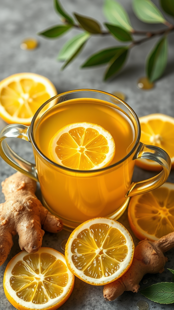 A warm cup of lemon honey tea surrounded by fresh ginger and lemon slices.