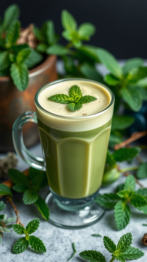 A glass of Matcha Mint Latte with mint leaves on top, surrounded by fresh mint sprigs.