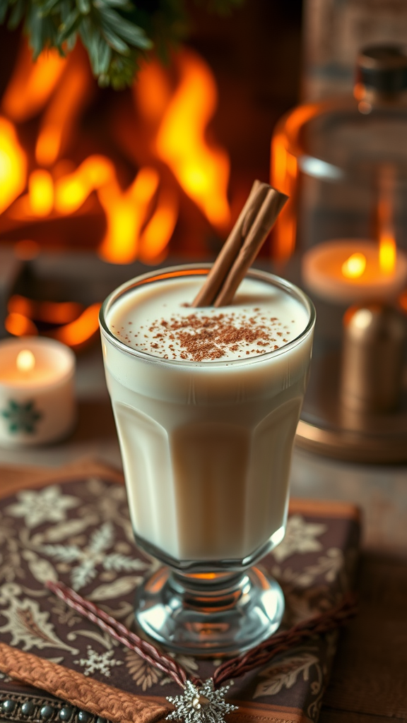 A glass of nutmeg spiced eggnog garnished with a cinnamon stick, beside a cozy fireplace.