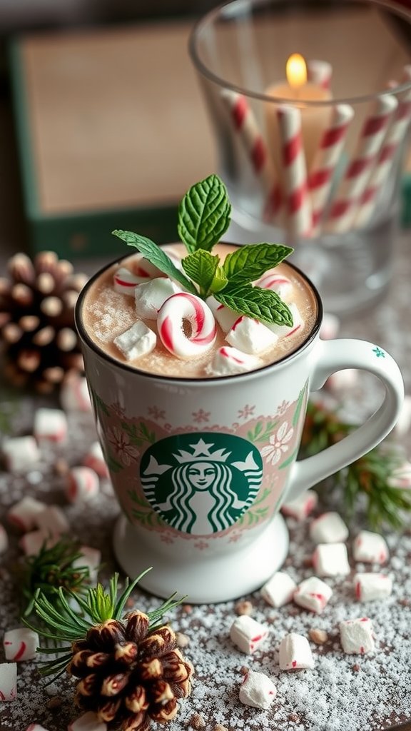 A warm cup of peppermint mocha latte topped with whipped cream and crushed peppermint candies.