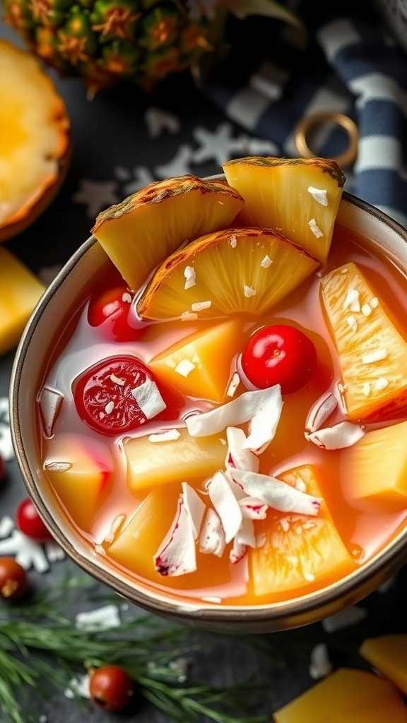 A warm punch made with pineapple juice and coconut milk, garnished with pineapple chunks and cherries.