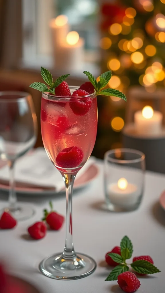A glass of Raspberry Rose Sparkler with raspberries and mint leaves, set against a cozy background with candles.