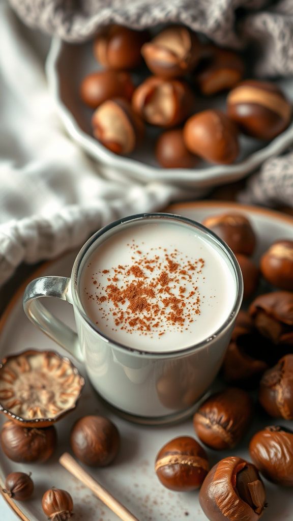 A cozy cup of roasted chestnut milk surrounded by roasted chestnuts and cinnamon.
