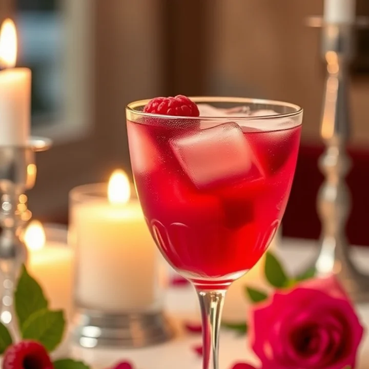 A romantic raspberry drink in a glass, surrounded by rose petals and candles