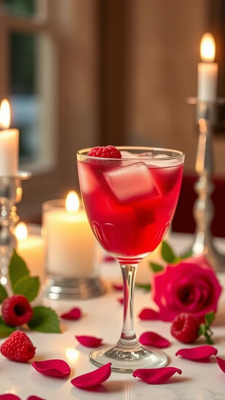 A romantic raspberry drink in a glass, surrounded by rose petals and candles