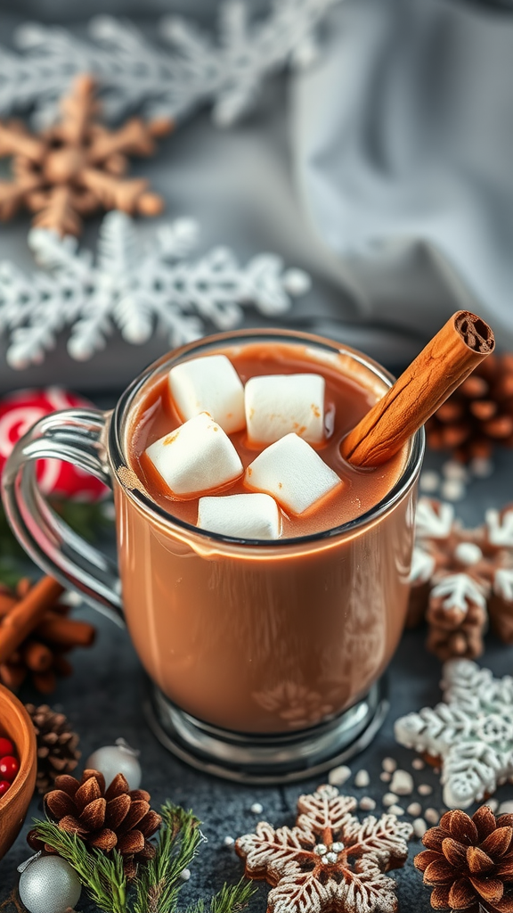A cozy cup of spiced hot chocolate topped with marshmallows and a cinnamon stick, surrounded by festive winter decor.
