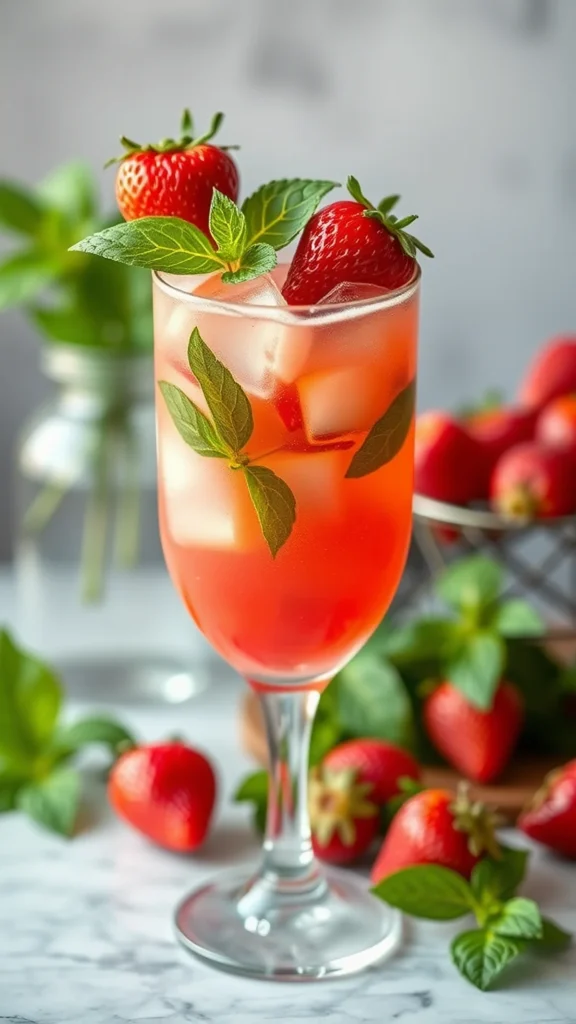 A refreshing Strawberry Basil Smash cocktail garnished with strawberries and basil leaves.
