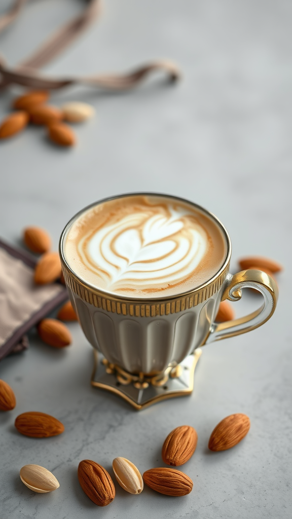 A cup of Vanilla Bean Almond Milk Latte garnished with latte art, surrounded by almonds.