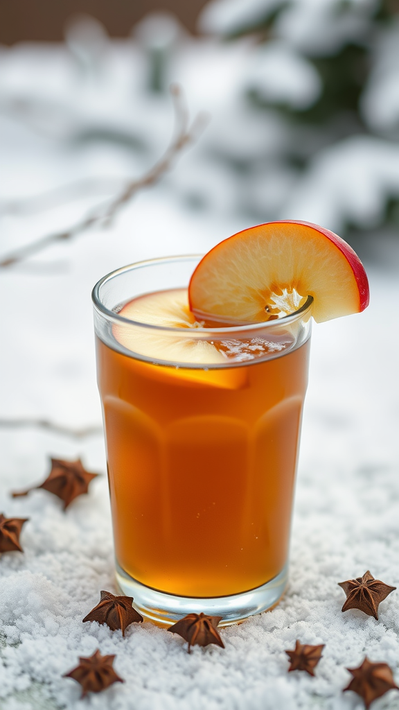 A glass of warm apple cider with a slice of apple on top, surrounded by star anise.