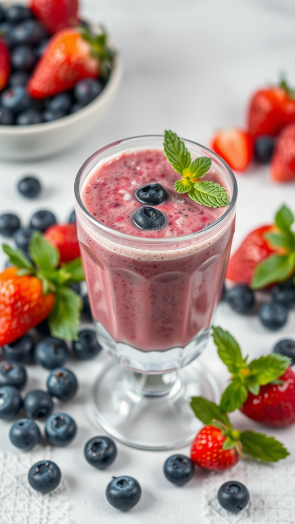 A refreshing winter berry smoothie in a glass, garnished with mint leaves, surrounded by fresh strawberries and blueberries.