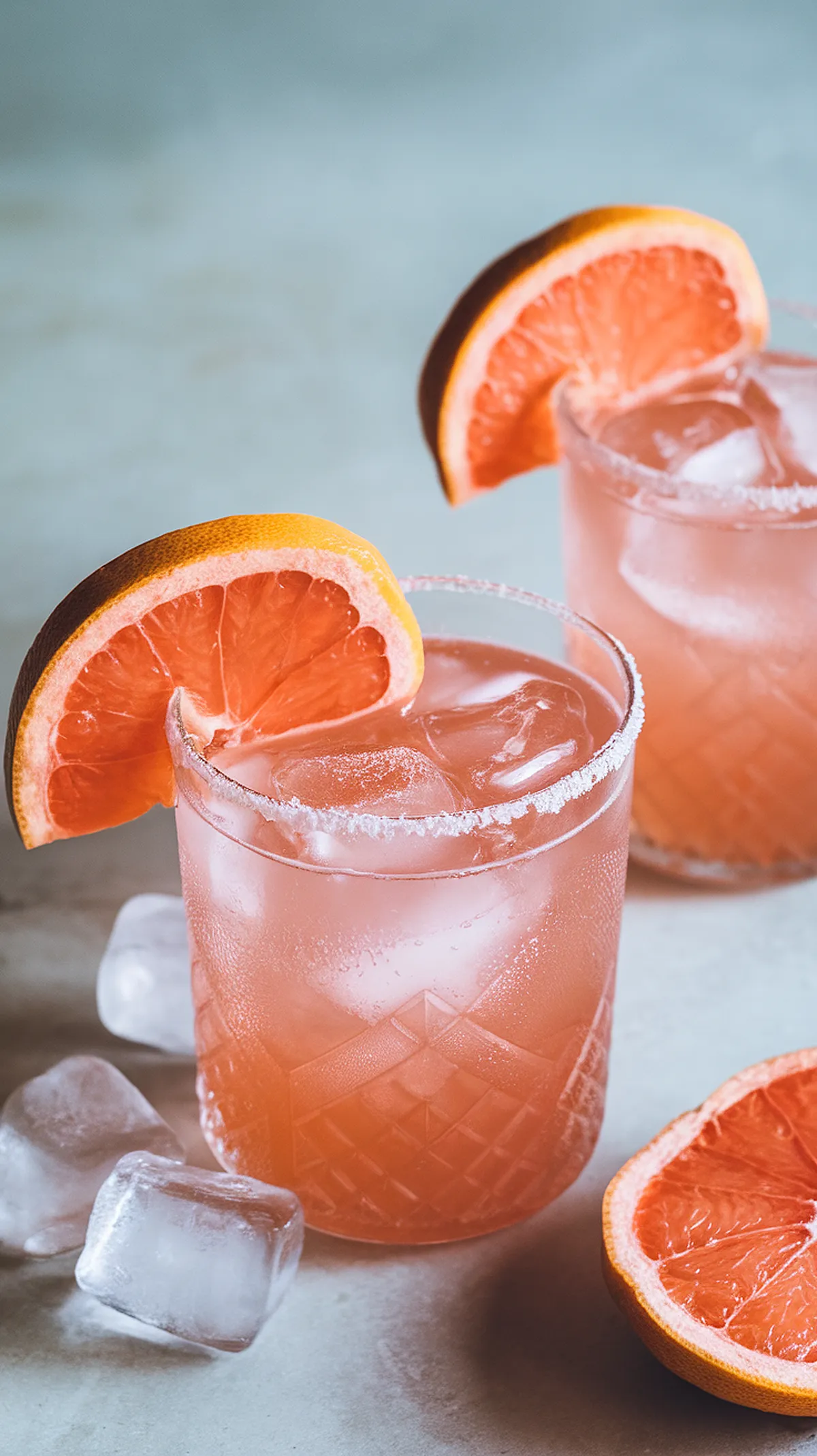 Refreshing Grapefruit Paloma Cocktail Recipe Grapefruit cocktail with ice and salted rim in glass, garnished with a fresh grapefruit slice on a light background.