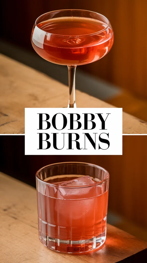 Bobby Burns cocktails on wooden table, featuring two elegant glass presentations.