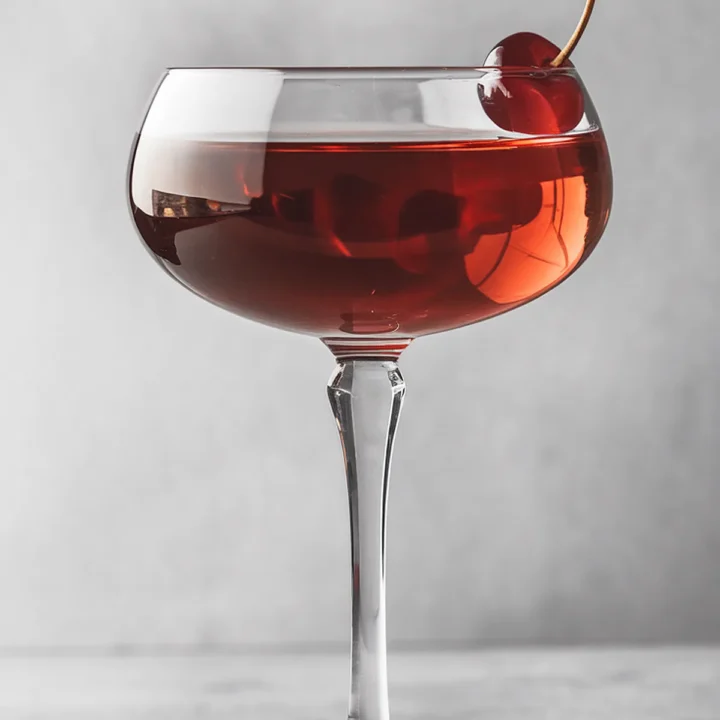 Elegant cocktail with cherry garnish in a coupe glass on a gray background.