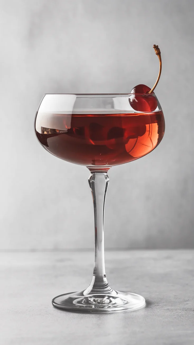 Elegant cocktail with cherry garnish in a coupe glass on a gray background.