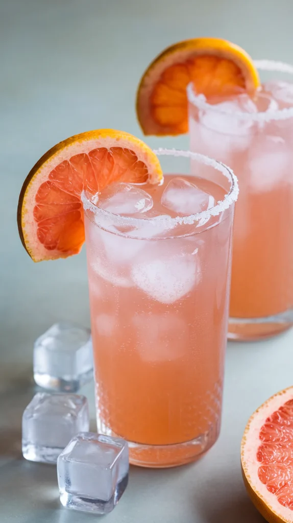 Refreshing grapefruit cocktail with ice cubes and sugared rim, garnished with a grapefruit slice. Perfect summer drink.