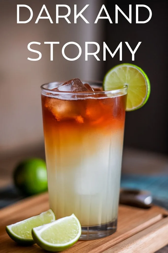 Refreshing Dark and Stormy cocktail with lime garnish on wooden board, perfect summer drink.