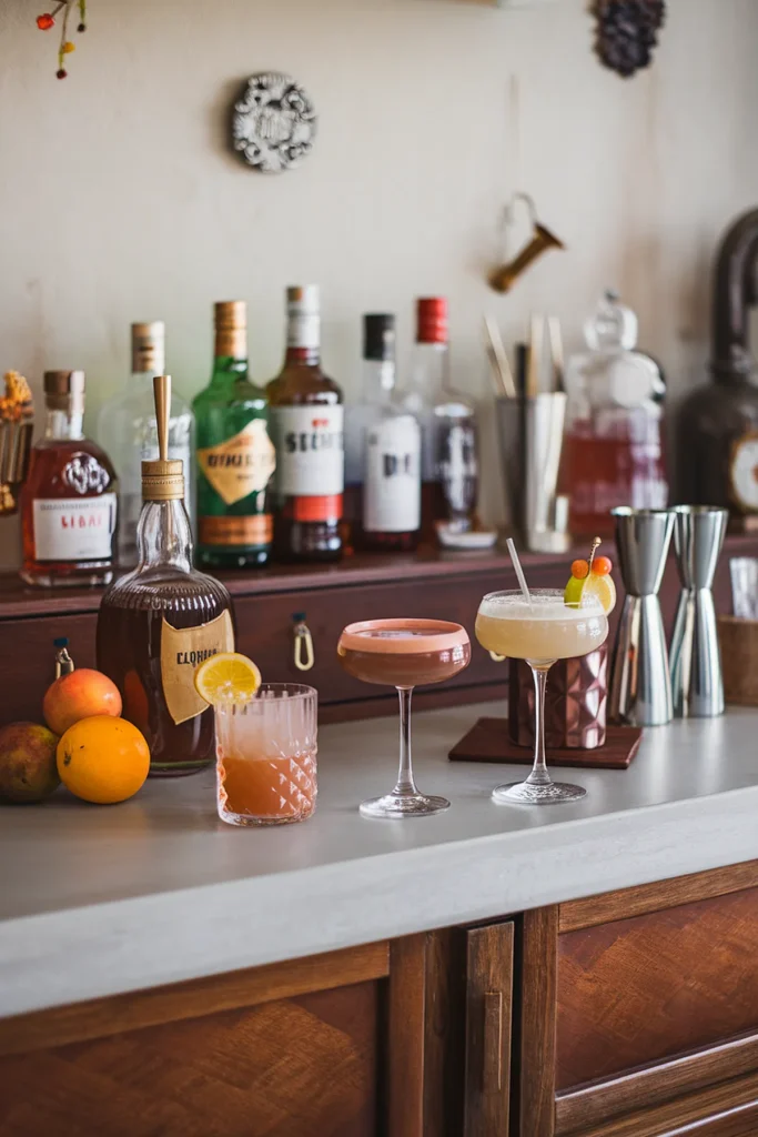 Cocktail bar setup with colorful drinks, fruit garnishes, and liquor bottles displayed on a stylish wooden counter.
