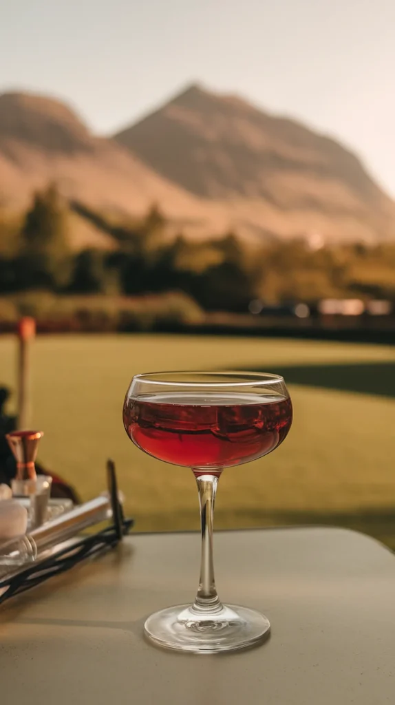 Red cocktail in glass with mountain backdrop on outdoor patio table.