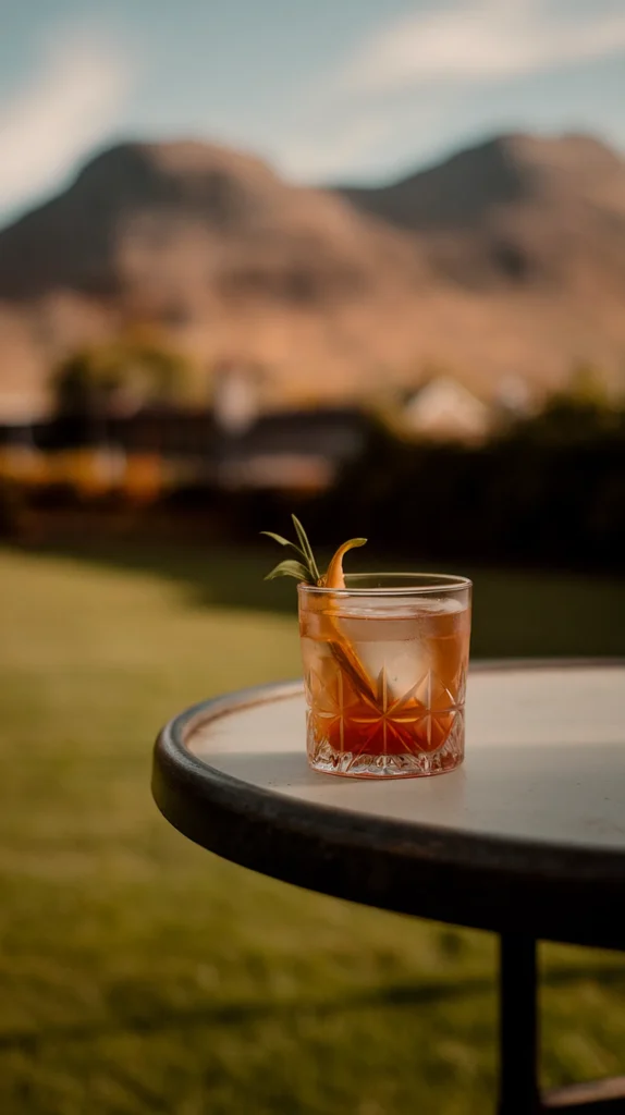 Cocktail on outdoor table with mountain view, garnished with orange peel and rosemary, in warm sunset light.