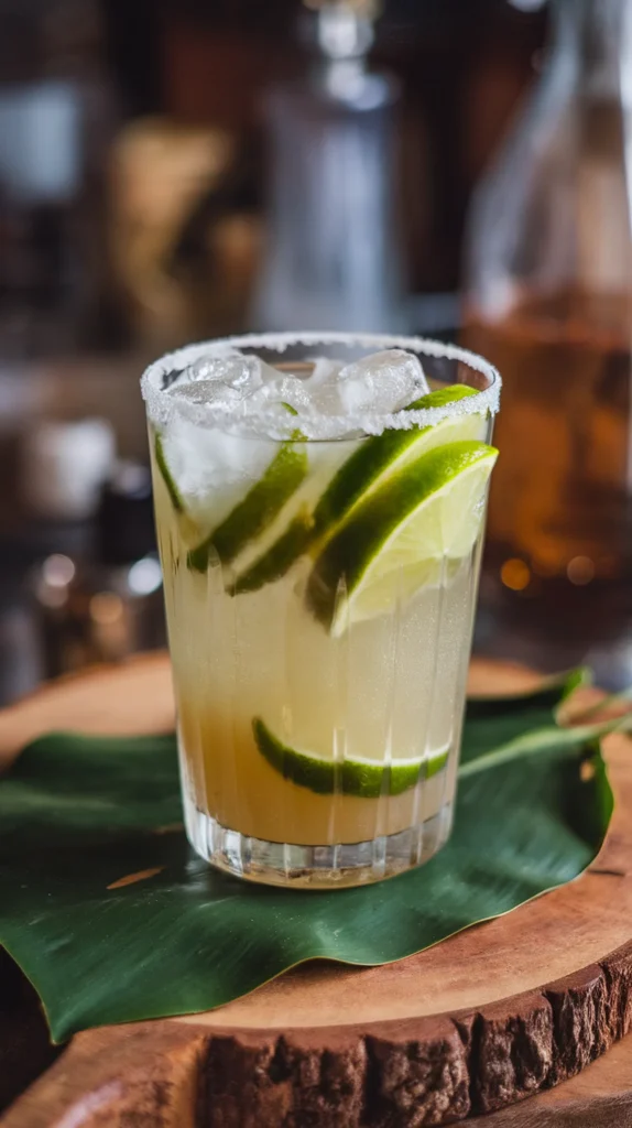 Refreshing cocktail with lime slices and ice, served on a leaf coaster, perfect for summer gatherings.