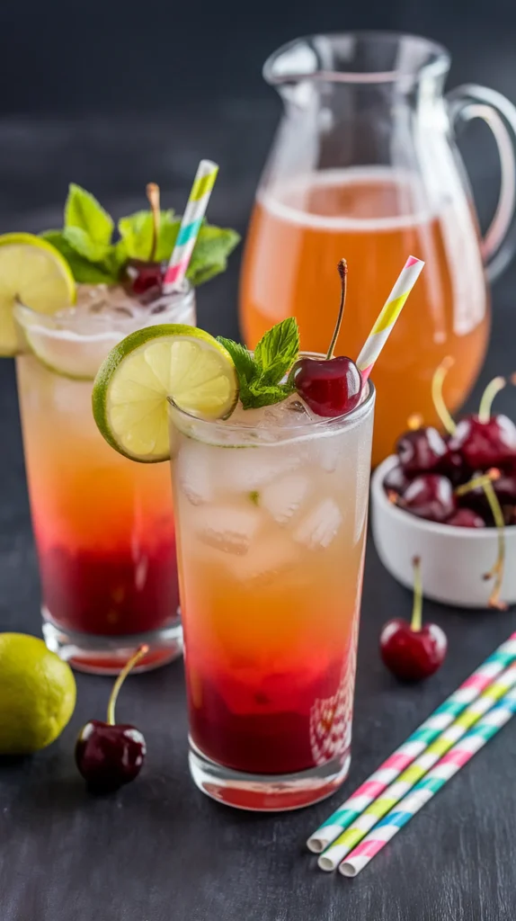 Colorful cherry limeade cocktails with ice, mint, lime slices, and cherries in glasses, with a pitcher and bowl.
