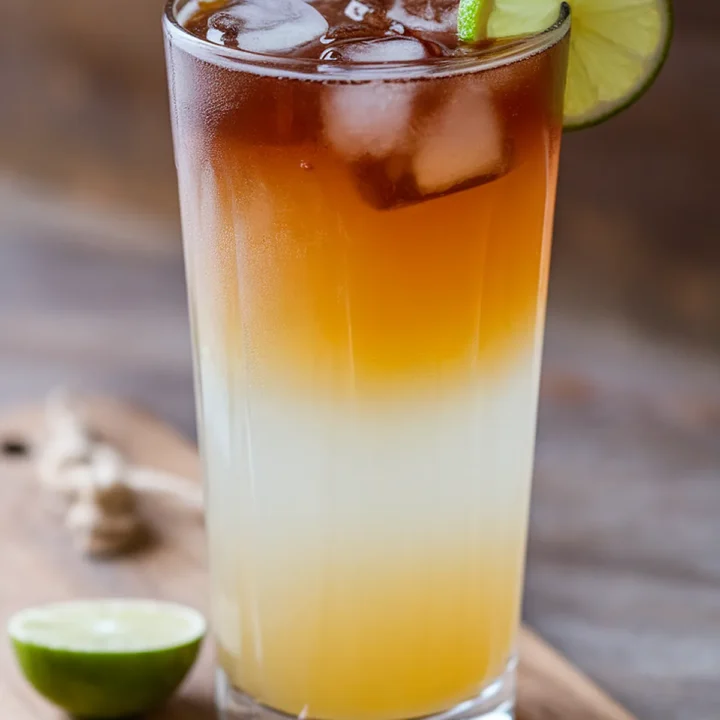 Layered iced cocktail with lime garnish on a wooden board, perfect for refreshing summer drinks.