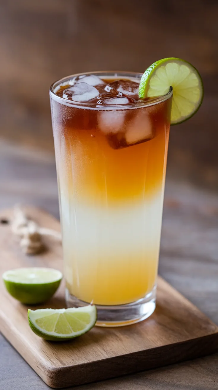 Layered iced cocktail with lime garnish on a wooden board, perfect for refreshing summer drinks.