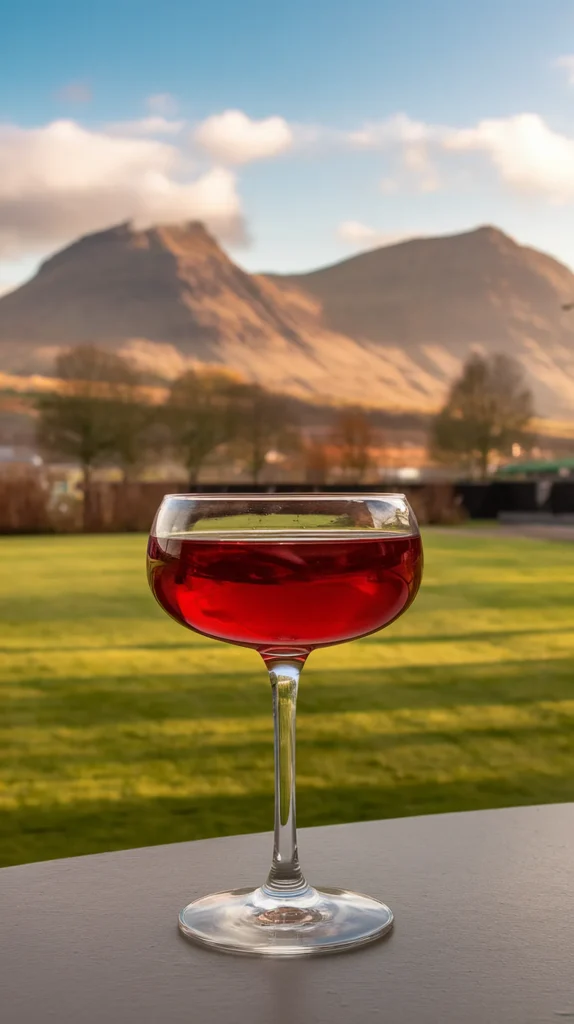 Glass of red wine on table with scenic mountain view in the background under a clear, sunny sky.