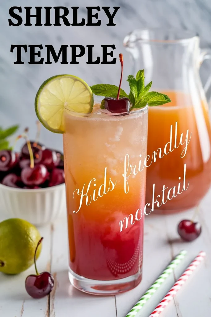 Vibrant Shirley Temple mocktail with cherry and lime garnish; perfect kids' drink with straws on rustic table.
