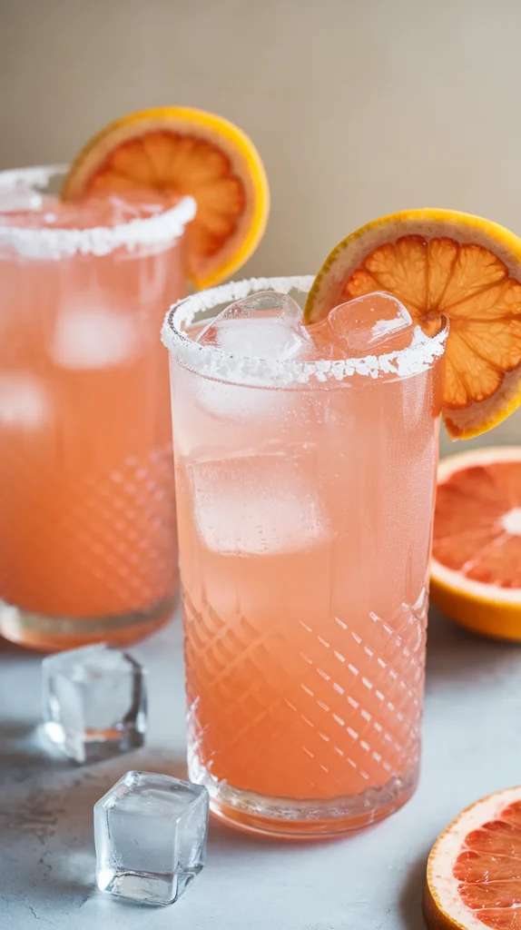 Refreshing pink grapefruit cocktails with ice cubes and garnish, served in salt-rimmed glasses.