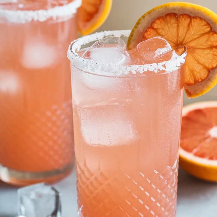 Refreshing pink grapefruit cocktails with ice cubes and garnish, served in salt-rimmed glasses.