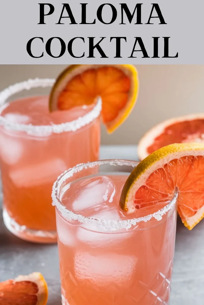 Refreshing Paloma cocktail in glasses with salted rims and grapefruit slices, perfect for a summer drink recipe.