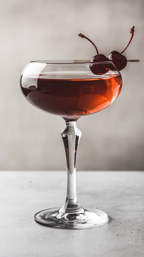 Elegant cocktail glass with a dark red drink, garnished with two cherries, on a light background.