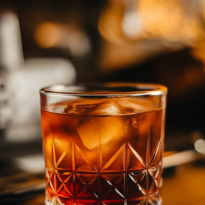 Crystal glass of Rusty Nail cocktail with ice on a wooden bar, warm ambient lighting.