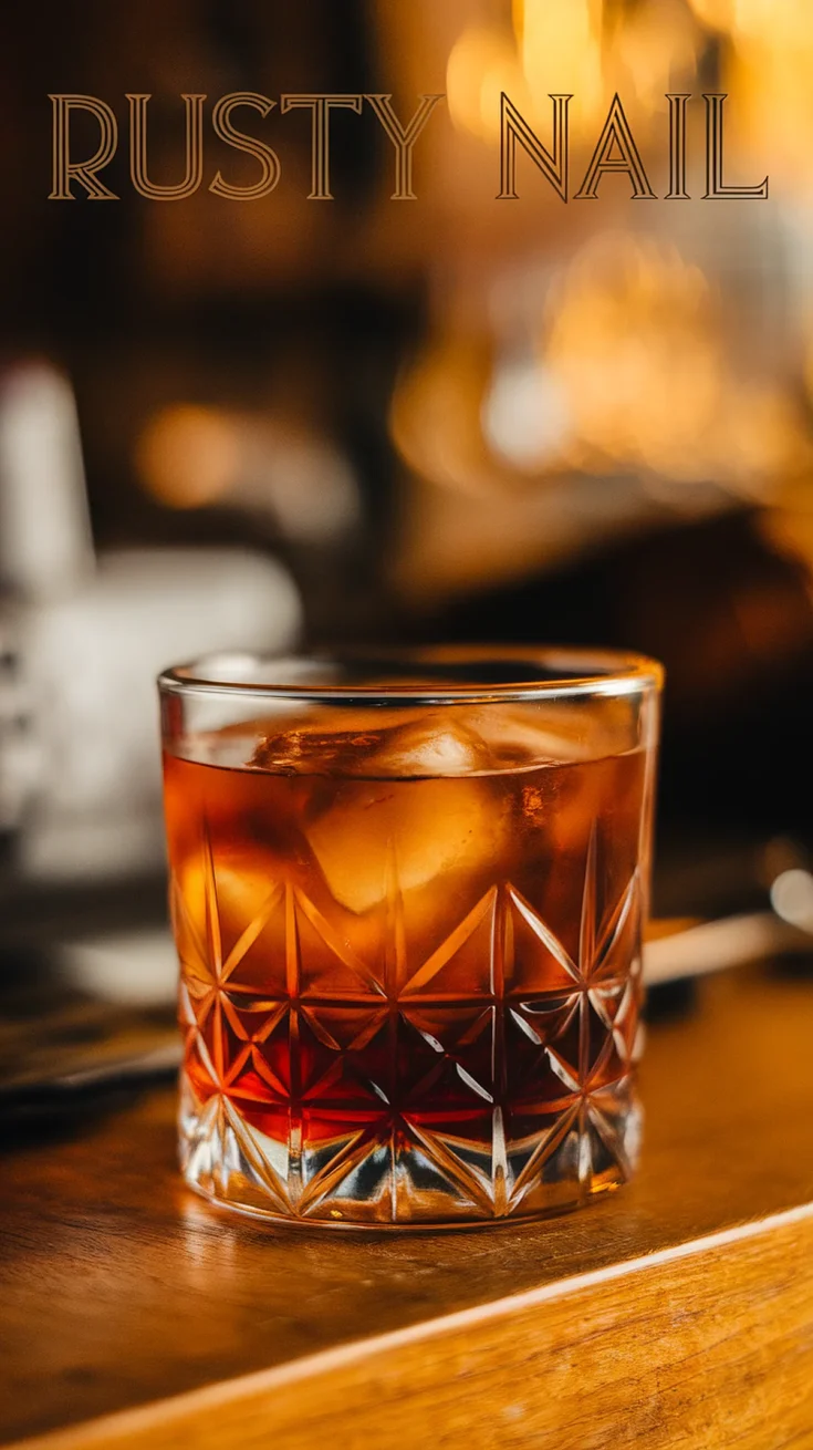 Crystal glass of Rusty Nail cocktail with ice on a wooden bar, warm ambient lighting.